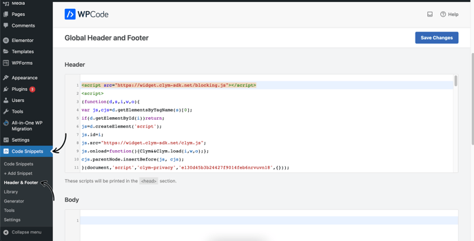 Code Snippets + Header Footer